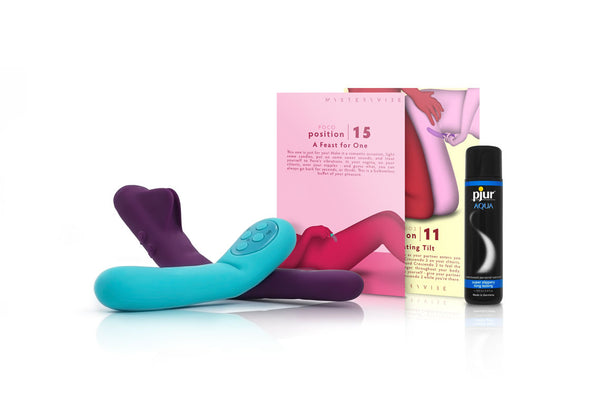 Everything you need for a not-so-quiet night in: the revolutionary bendable vibrators - Crescendo & Poco, with the beautiful Playcards and the luxurious lube.
